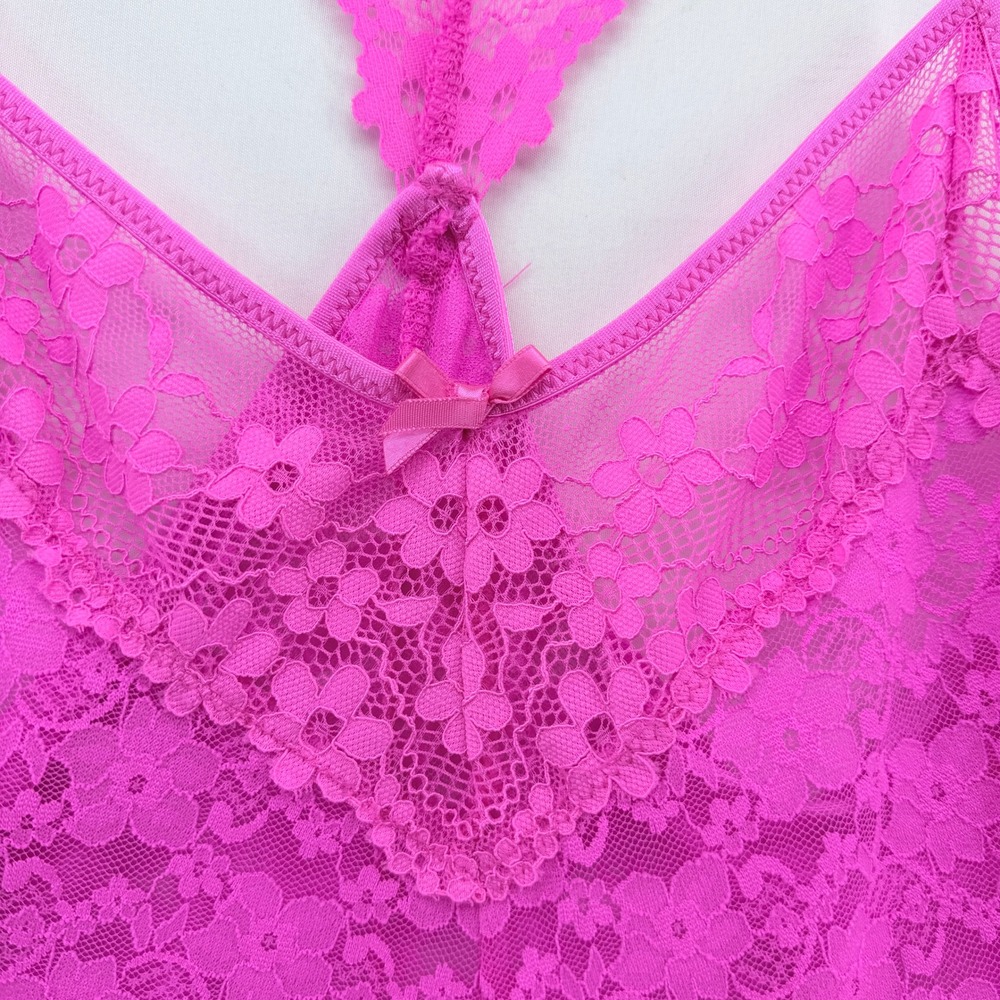 In Bloom by Jonquil Hot Pink Floral Lace Babydoll Chemise Racerback Small - Picture 4 of 5